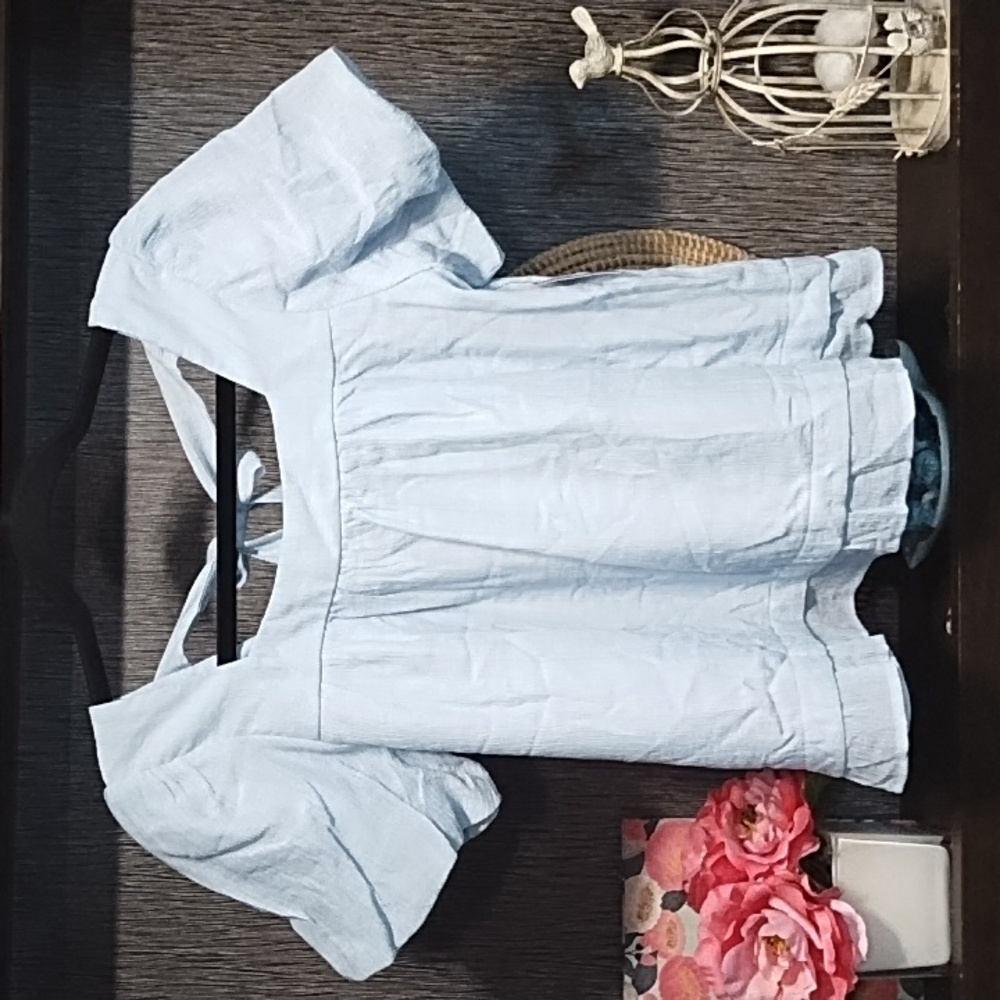 Franki Top Blouse Baby Blue Puff Sleeves Square Neck Tie Back Size XL
